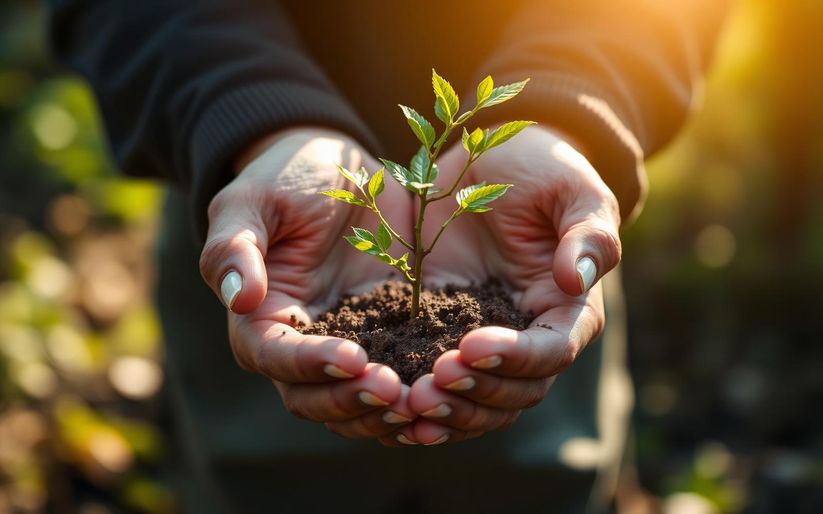 Hands holding a young sapling